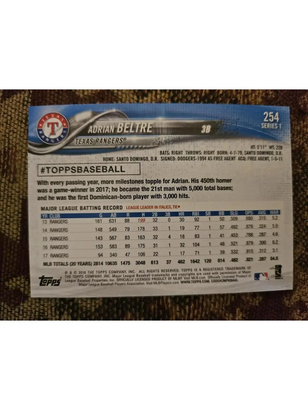 Adrian Beltre - on deck - 2018 Topps #254 - RAW Mint